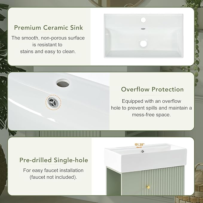 21.6 in Floating Bathroom Vanity with Sink,Soft Closing Doors,Solid Wood Frame & MDF Modern Single Small Green Bathroom Vanity Cabinet with Open Shelf,Wall Mounted