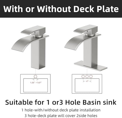 Bathroom Faucet Brushed Nickel Modern Waterfall Bathroom Sink Faucet with Single Handle Suitable for 1 or 3 Holes,Supply Deck Plate and Hose