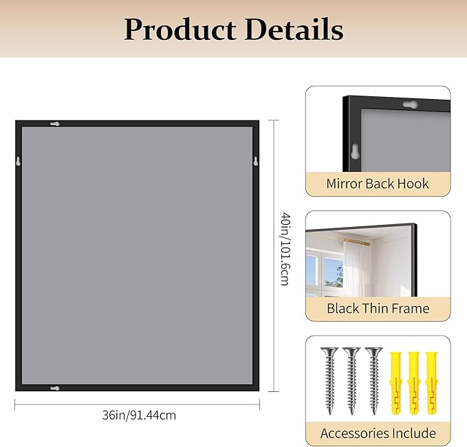 Black Bathroom Mirror for Wall, 36x40 Inch Rectangle Mirrors with Metal Frame, Modern Rectangular Wall Mirror for Bathroom Living Room, Entryway Hangs Horizontal or Vertical