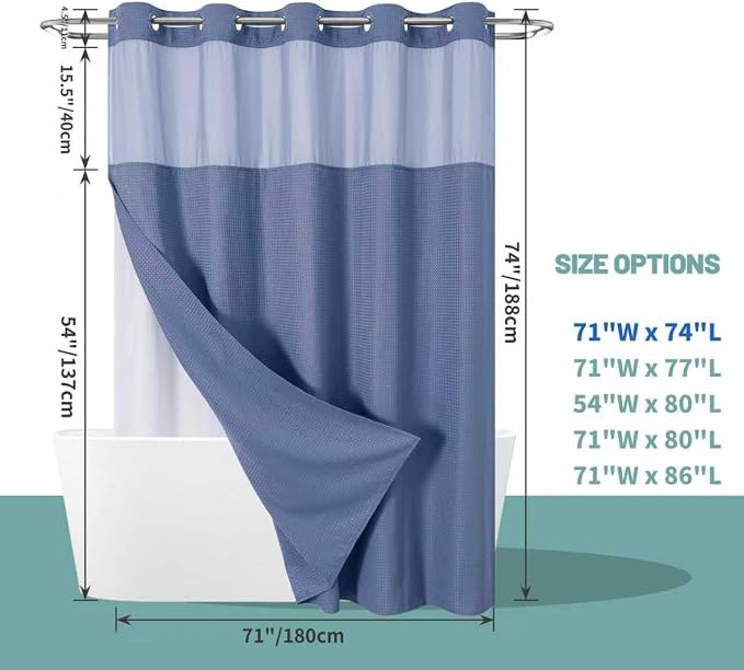 No Hook Waffle Shower Curtain with Snap-in Liner, 71x74 Inch, MoonlightBlue | 230 GSM waffle weave fabric, waterproof liner set with 2 bottom magnets, mesh top window, washable, for bathroom or hotel use