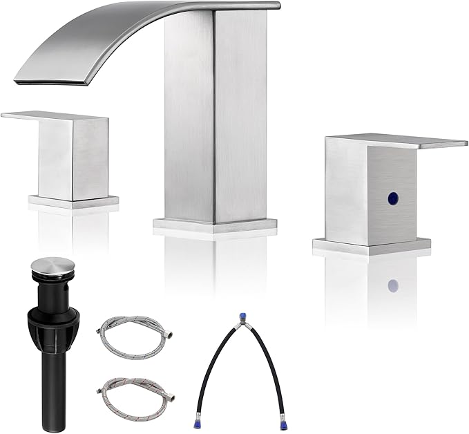 Bathroom Faucet 3 Holes Nickel - 8Inch Waterfall Bathroom Sink Faucet | Two Handles Widespread Lavatory Vanity Sink Faucets with Pop-up Drain Assembly & Supply Lines Brushed Nickel