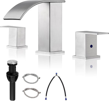 Bathroom Faucet 3 Holes Nickel - 8Inch Waterfall Bathroom Sink Faucet | Two Handles Widespread Lavatory Vanity Sink Faucets with Pop-up Drain Assembly & Supply Lines Brushed Nickel