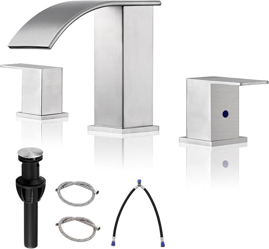 Bathroom Faucet 3 Holes Nickel - 8Inch Waterfall Bathroom Sink Faucet | Two Handles Widespread Lavatory Vanity Sink Faucets with Pop-up Drain Assembly & Supply Lines Brushed Nickel
