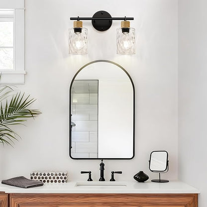 Bathroom Light Fixtures, 2-Light Coastal Vanity Lights with Crystal Glass Shade, Black Bathroom Wall Lamp for Mirror Kitchen Hallway Cabinet