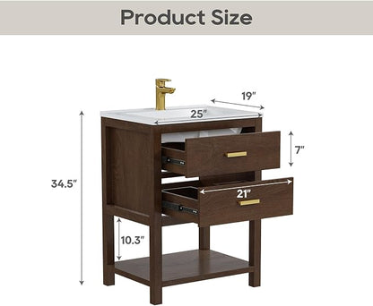 24 Inch Bathroom Vanity with Sink, Farmhouse Storage Cabinet with Drawers & Open Storage Shelf, Easy Assembly, Adjustable Feet, Walnut
