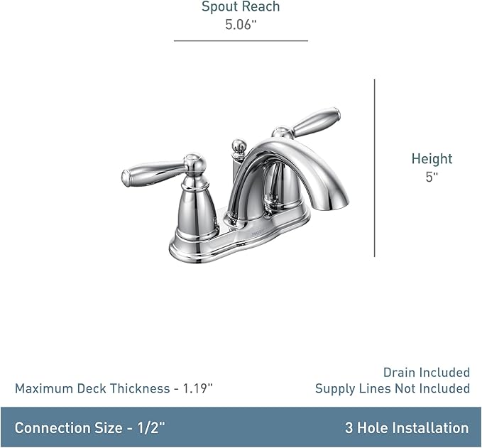 Moen Brantford Chrome Two-Handle Low-Arc Traditional Centerset Bathroom Faucet with Drain Assembly, 6610