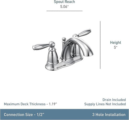 Moen Brantford Chrome Two-Handle Low-Arc Traditional Centerset Bathroom Faucet with Drain Assembly, 6610