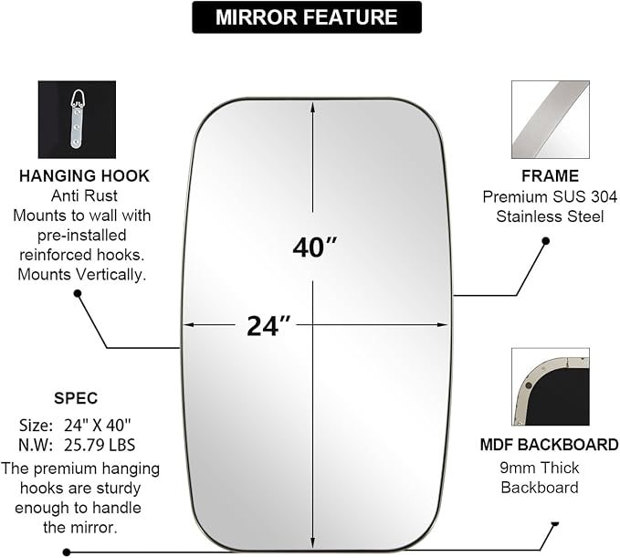 Brushed Nickel Bathroom Mirror, 24x40” Oblong Mirror with Stainless Steel Metal Frame, Silver Oval Vanity Mirror for Over Sink, Modern Anti Rust Wall Mounted