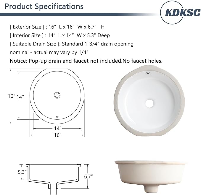 Undermount Bathroom Sink 16 Inch Small Verticyl Round Undermount Sink White Ceramic Under Counter Bathroom Vanity Sinks with Overflow（Internal Size 14"x14"）