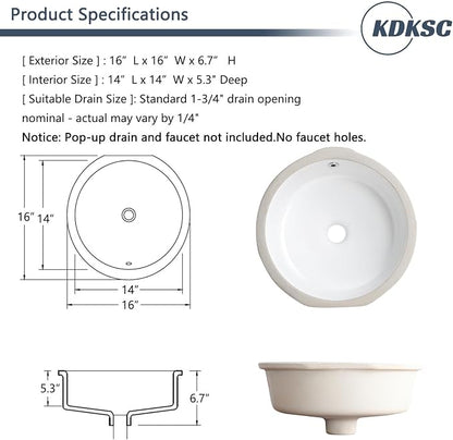 Undermount Bathroom Sink 16 Inch Small Verticyl Round Undermount Sink White Ceramic Under Counter Bathroom Vanity Sinks with Overflow（Internal Size 14"x14"）