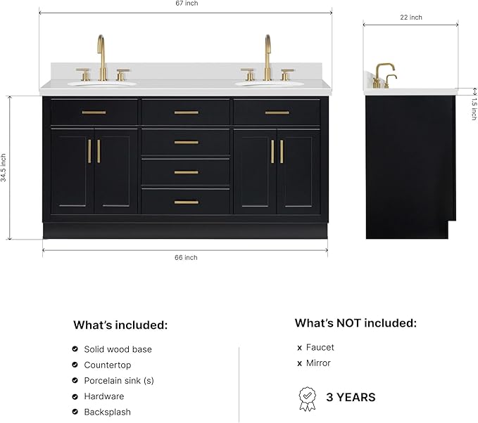 ARIEL Hepburn 66-inch Bathroom Vanity with Sink,Solid Wood, 1.5-inch Pure White Quartz Countertop & Backsplash, Double Oval Porcelain Sink, 4 Soft Closing Doors, 6 Dovetail Drawers, Black
