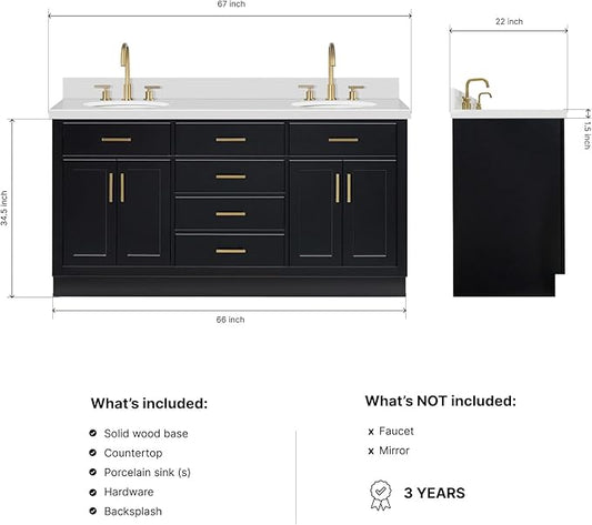 ARIEL Hepburn 66-inch Bathroom Vanity with Sink,Solid Wood, 1.5-inch Pure White Quartz Countertop & Backsplash, Double Oval Porcelain Sink, 4 Soft Closing Doors, 6 Dovetail Drawers, Black
