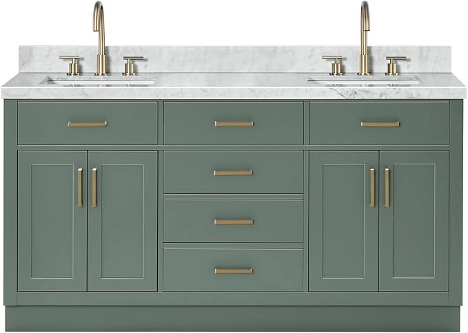 ARIEL Hepburn 67 Inch Double Rectangle Sink Bathroom Vanity with Carrara White Marble Countertop 1.5 Inch in Vintage Green