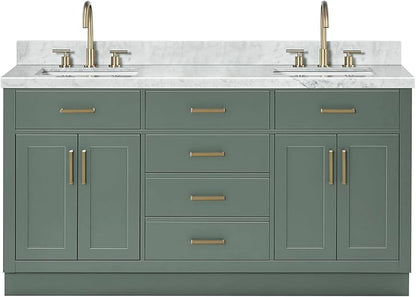 ARIEL Hepburn 67 Inch Double Rectangle Sink Bathroom Vanity with Carrara White Marble Countertop 1.5 Inch in Vintage Green