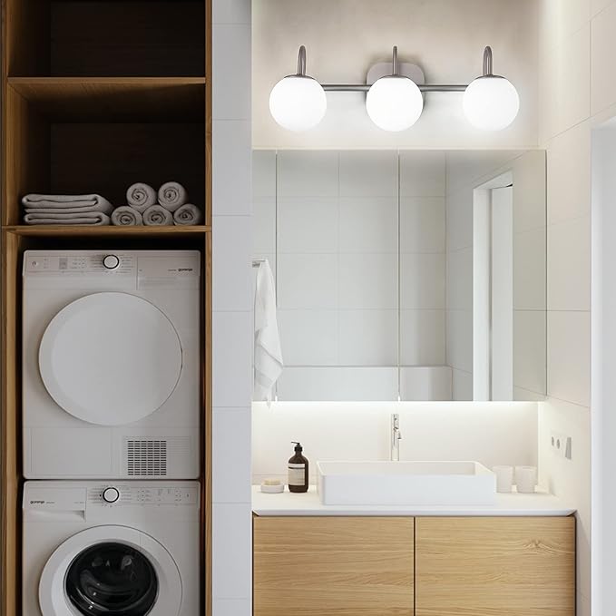 Brushed Nickel Bathroom Vanity Light Fixtures 3 Lights Milk White Glass Globe Shade Modern Wall Sconce Lighting Bath Vanity Lights Bar Over Mirror (Exclude G9 Bulb)