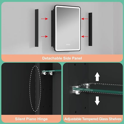 24x30 Inch Medicine Cabinet with Mirror, Recessed or Surface Mount Bathroom Medicine Cabinet with LED Lights, Anti-Fog, Memory Function, Adjustable Shelf, Dimmable Light, ETL Listed, Black,Right Hinge