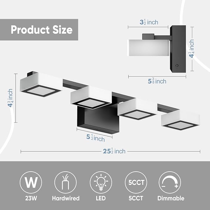 LED Modern Bathroom Light Fixtures Over Mirror, 4-Light Dimmable Vanity Lights, Matte Black Acrylic Bathroom Vanity Light, 2700K-6500K Adjustable, ETL Certificated