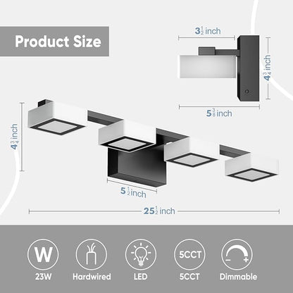 LED Modern Bathroom Light Fixtures Over Mirror, 4-Light Dimmable Vanity Lights, Matte Black Acrylic Bathroom Vanity Light, 2700K-6500K Adjustable, ETL Certificated