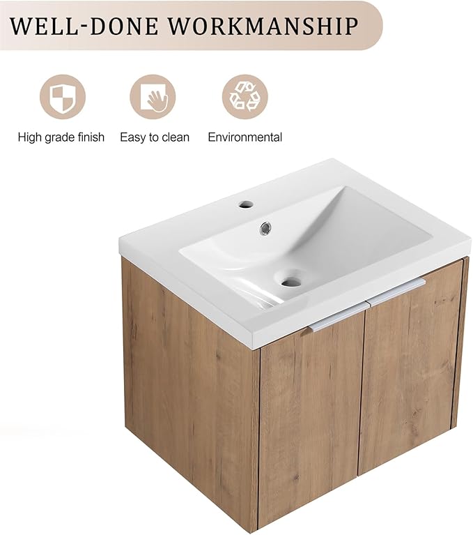 24 Inch Wall Mount Bathroom Vanity W/Sink Combo for Small Space, Modern Design Vanity Cabinet Gel Basin Countertop, Float Mounting Design Cabinet Set with Soft Close Doors (Oak, 23.6''x18.1''x19.3'')