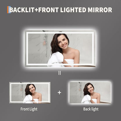 LED Bathroom Mirror 50 x 26 inch, Lighted Bathroom Vanity Mirror with Front Light and Backlit LED, Frameless Wall Mounted Bathroom Mirror with Adjustable Color Temperature