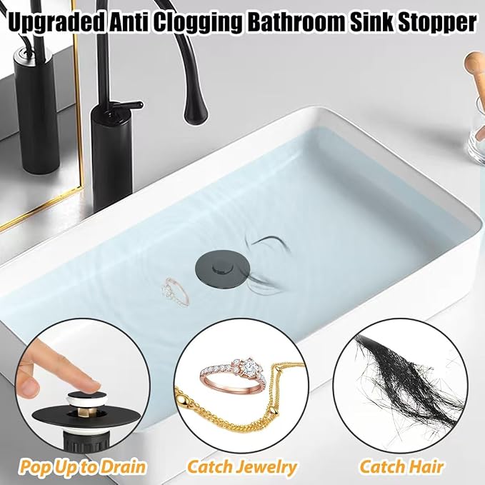 Anlige 3 in 1 Pop Up Bathroom Sink Stopper, Bathroom Sink Drain Strainer, with Removable Basket Hair Catcher, Universal Sink Plug Cover for 1.06 in to 1.6 in Drain, Matte Black