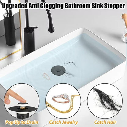 Anlige 3 in 1 Pop Up Bathroom Sink Stopper, Bathroom Sink Drain Strainer, with Removable Basket Hair Catcher, Universal Sink Plug Cover for 1.06 in to 1.6 in Drain, Matte Black