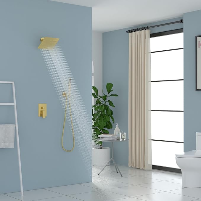 Lordear Rain Shower System Wall Mounted Shower Faucet Set with 8 Inch Stainless Steel Shower Head Handle Set and Solid Brass Valve, Brushed Gold Finish