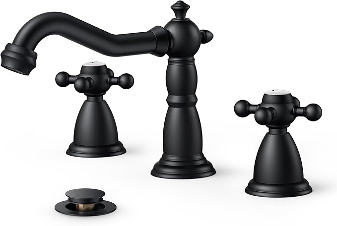 FORIOUS Matte Black 3 Hole Brass Vintage Farmhouse Bathroom Faucet, 8 Inch Widespread Bathroom Faucets 2 Cross Handles with Metal Pop Up Drain and Supply Hoses, for RV Vanity