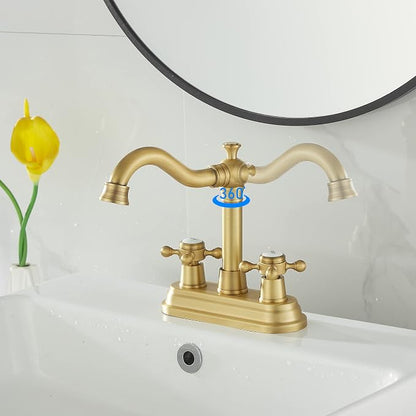 Bathroom Faucet Antique Brass 2 Handles 4 Inches Centerset Bathroom Vanity with Drain Assembly and Supply Hose Lavatory Faucet