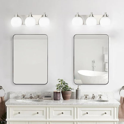 IZORRO Bathroom Light Fixtures, 3-Light Brushed Nickel Vanity Light, Modern Wall Sconces with Globe Milk White Glass Shade, Vanity Lighting Fixtures Over Mirror,E26 Bulb Socket