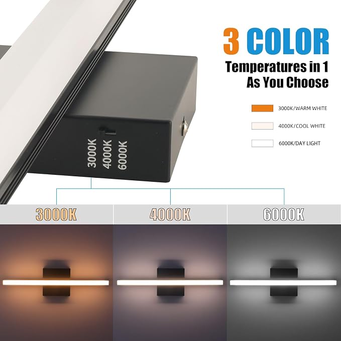 16 Inch Matte Black LED Bathroom Vanity Light, 3CCT 3000K/4000K/6000K Over Mirror Wall Sconce, Modern Hardwired Bathroom Mirror Lighting Fixture