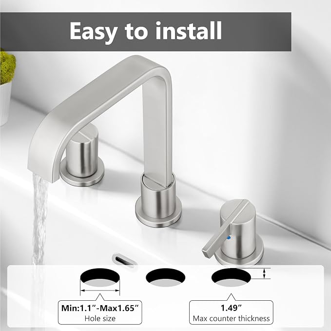 Brushed Nickel Bathroom Faucet 3 Hole 8 Inch Widespread Waterfall | 2-Handle Vanity Faucet, Pop-Up Drain, Supply Lines, Adjustable 4- to 16-Inch Widespread Fit, 360° Swivel Spout