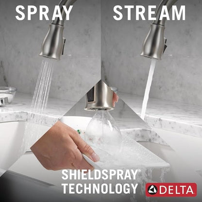 Delta Leland Touchless Kitchen Faucet with Touch Technology, Brushed Nickel Kitchen Sink Faucet with Pull Down Sprayer, Single Hole, SpotShield Stainless 9178TL-SP-DST