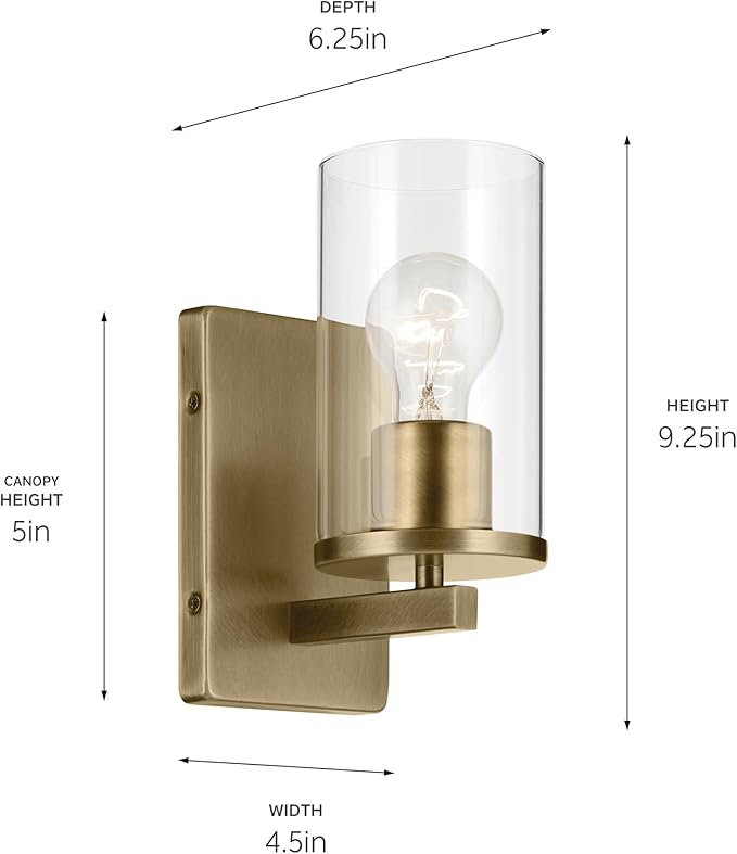 Crosby 4.5" 1-Light Wall Sconce with Clear Glass in Natural Brass, for Bathroom, Powder Room, Hallway, Kitchen, Bedroom, Fireplace, (4.5" x 9.25"), 45495NBRCLR