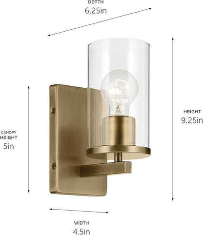 Crosby 4.5" 1-Light Wall Sconce with Clear Glass in Natural Brass, for Bathroom, Powder Room, Hallway, Kitchen, Bedroom, Fireplace, (4.5" x 9.25"), 45495NBRCLR