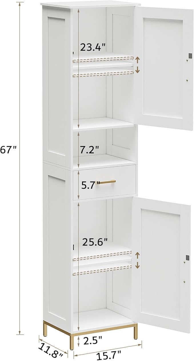 Homhedy 67" H Bathroom Storage Cabinet, Tall Bathroom Cabinet, White | Narrow Cabinet with Doors and Drawer, Adjustable Shelves, Floor Cabinet for Bathroom, Living Room, Kitchen, Dining Room