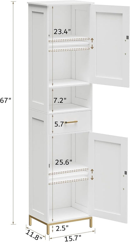 Homhedy 67" H Bathroom Storage Cabinet, Tall Bathroom Cabinet, White | Narrow Cabinet with Doors and Drawer, Adjustable Shelves, Floor Cabinet for Bathroom, Living Room, Kitchen, Dining Room