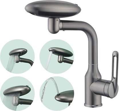 Bathroom Sink Faucet 1 Hole, Gunmetal Grey Multifunctional Basin Faucet with 4 Water Outlet Modes, Modern 360°Rotatable Bar Tap with Two Water Supply Pipes