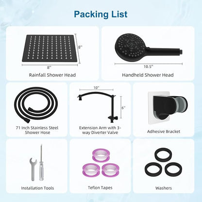Hibbent All Metal 8" High Pressure Rain Shower Head Combo, Matte Black | cUPC Certified Rainfall Shower Head with handheld 10 Sprays, 16'' Adjustable Extension Arm, 71'' Hose, Showerhead Holder