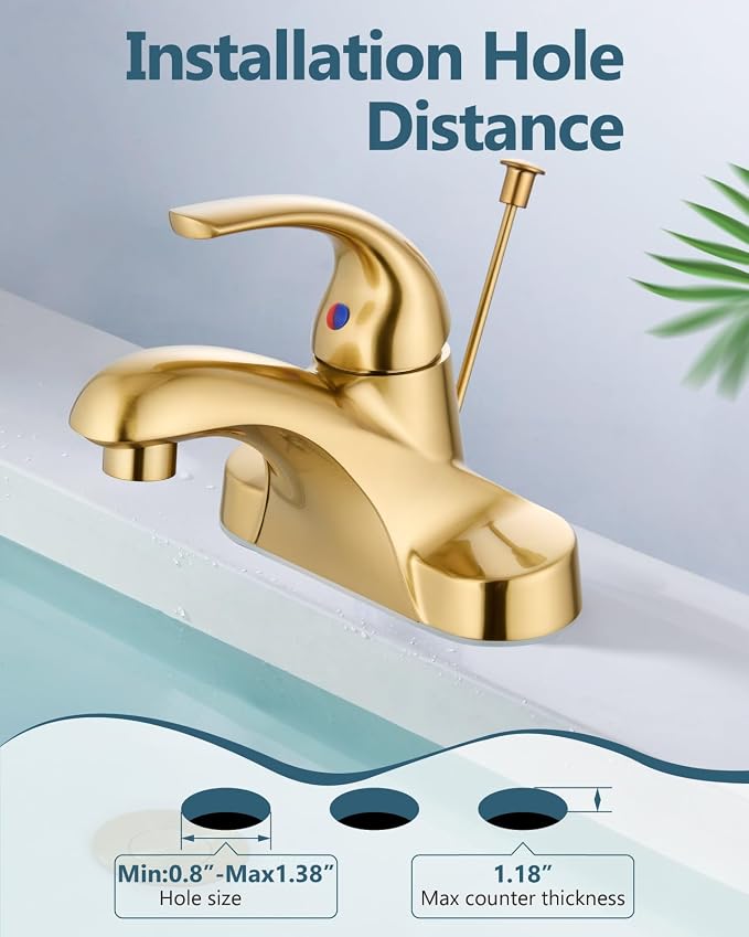 4-Inch Centerset Bathroom Sink Faucet with Drain, Brushed Gold | Single-Handle Vanity Faucet with Lift Rod Drain, 24-Inch Supply Lines, 1.2 GPM, 3-Hole Deck Mount, Easy Installation