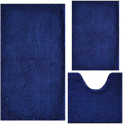 Bathroom Rugs Chenille 3-Piece Extra Soft and Absorbent Shag Bathroom Rugs, Machine Wash Mat, Strong PVC Non-Slip Underside, Plush Carpet Mats (Navy Blue)