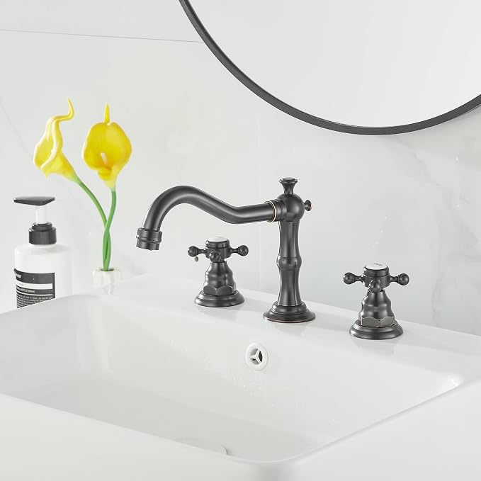 2 Handles 3 Holes Faucet Widespread Bathroom Sink Faucet Oil Rubbed Bronze Basin Tap Mixer Supply Hose Included Matching Pop Up Drain