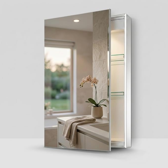 24" x 30" Bathroom Medicine Cabinet, Aluminum Bathroom Vanity, Recessed Medicine Cabinet/Surface Mount, Left and Right Hand Hinged, Mirrored Interior