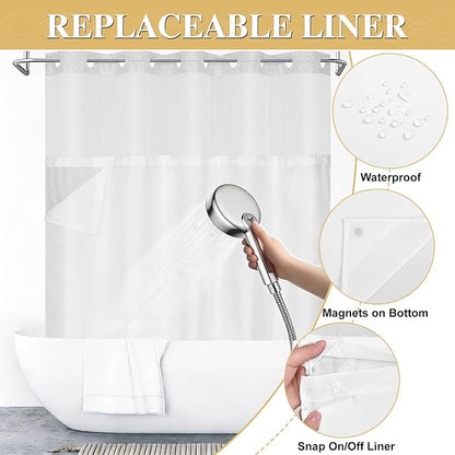 Yinhua No Hook Shower Curtain with Snap in Liner Set, 71" W×74" L, White | Hotel Style with See Through Top Window, Washable Waterproof, Tufted Textured, Hookless Curtain for Bathroom Bathtub