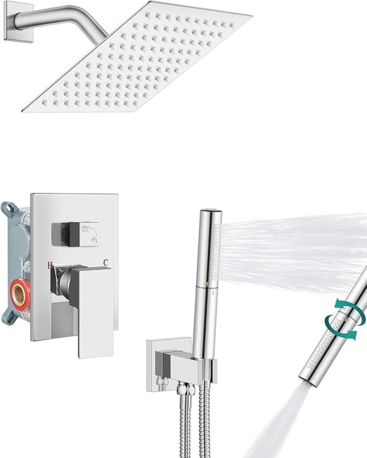 Aolemi Shower System with Rain Head and Handheld,8-Inch,Polish Chrome | High-Pressure Shower Faucet Set with Dual-Function Handheld,Rough-In Valve,1.8 GPM,Wall-Mount Trim Kit