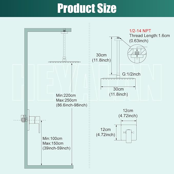 Heyalan 12-Inch Ceiling Mount Shower Faucet Set with Valve,Brushed Nickel | Rainfall shower head, ceiling-mount design, SUS304 steel, adjustable angle, single-handle control