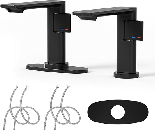 Black Bathroom Faucets 1 Hole 2 Pack, Modern Bathroom Faucet Matte Black with1-Handle, Supply Valve Core, Ceramic Cartridge, Spot-Free & Anti-Splash Finish, Inlet Pipe, 5.3" Tall, Hassle-Free Install