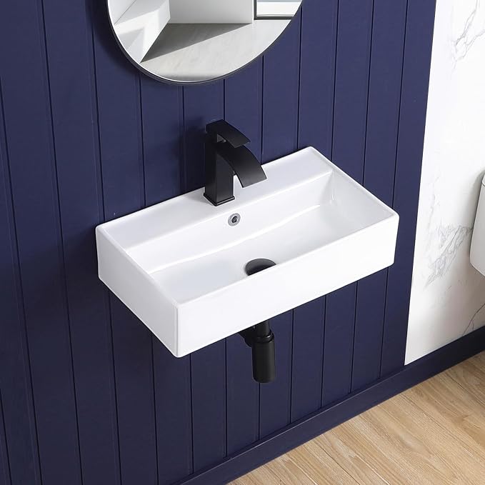 Wall Mount Bathroom Sink 22"x12" Small Vessel Sink Wall Mounted Rectangular Wall Hung Mini White Porcelain Ceramic Floating Tiny Sink with Overflow, Durable, Space-Saving, Ideal for Home,RV