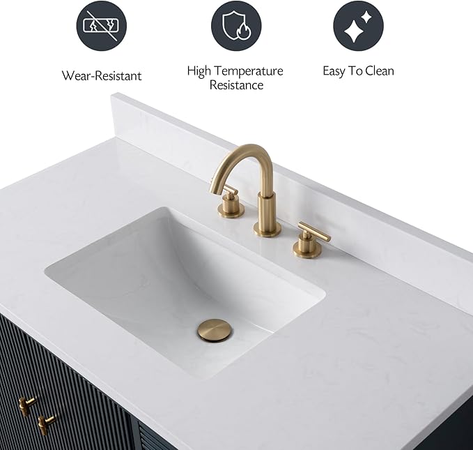 Vanity Art 42" Bathroom Vanity with Single Sink & Arabescato White Engineered Stone Top, Soft Closing Door, Solid Wood Frame, Golden Brushed Handles, Vintage Spruce Blue VA8142-VSB-GB