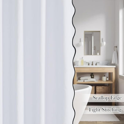 KGORGE White Scalloped Bathroom Shower Curtain Linen Textured, Boho Farmhouse Home Decor Privacy Waterproof for Bathtub Machine Washable, Pure White, 72 x 72 inches Long, 12 Hooks Included